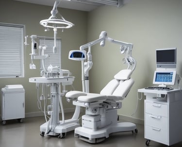 An assortment of medical equipment including monitors, dials, and gauges is present, possibly used for anesthesia or patient monitoring in a healthcare setting. There are various knobs and labels indicating settings for oxygen and nitrous oxide management. A tray contains a packaged medical device labeled 'Hand Piece.'