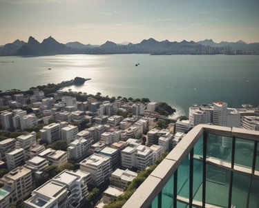 Luxurious residential buildings surrounded by lush greenery with a view of a tranquil bay and distant cityscape under a cloudy sky. Mountains are visible in the background, enhancing the scenic beauty of the area.