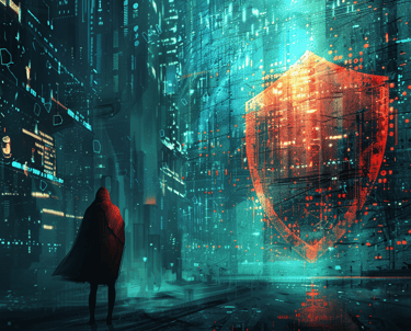 a man in a red cloak standing in a cyber city ready to defend it