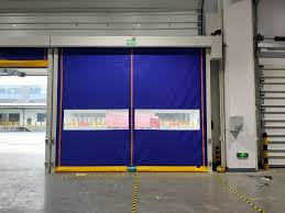 pvc speed door with clear windows in blue 