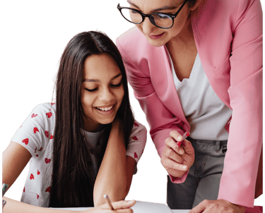 "Female teacher helping a young girl student with her studies."