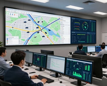 A sleek, modern office workspace with multiple screens displaying logistics data and maps.