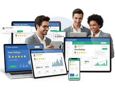 Professional online reputation management team analyzing positive customer reviews and 5-star rating