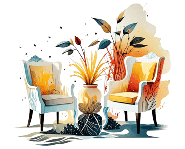 a chair with a chair and a chair with a plant in it