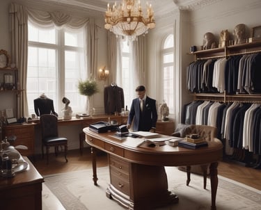 A storefront window of a bespoke tailoring shop displays mannequins dressed in formal suits. Inside, a cozy interior room is visible with a warm yellow light, featuring a person at a desk with a laptop, decorative furniture, and artwork on the walls.