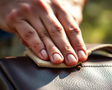 a person cleaning a leather bag with a cloth cloth