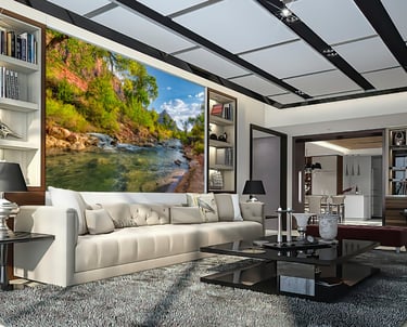 a living room with a couch and a painting