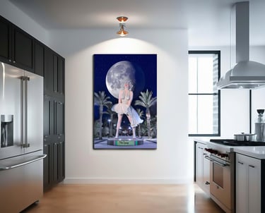 a kitchen with a large painting of Marilyn Monroe in a white dress