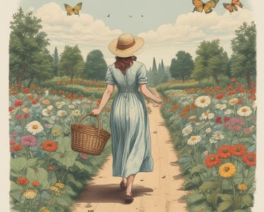 A woman carrying a basket, walking away from the viewer, on a garden path between some flowers