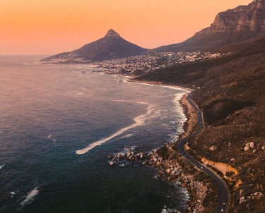 Cape Town at sunset with a view of Table Mountain, Lions Head and Camps Bay
