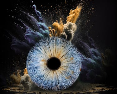 Tableau de photo d'iris d'un oeil bleu avec éclat poussière en pyramide
