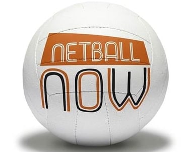 a white netball ball with the words netball now
