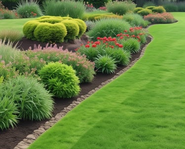 A well-maintained garden landscape featuring neatly arranged flower beds with geometric patterns, surrounded by lush green trees and shrubs. A patterned stone walkway leads up stone steps, bordered by vibrant green ivy. A decorative statue or sculpture is placed on a pedestal next to a potted plant. The background includes various tall trees under a partly cloudy sky.