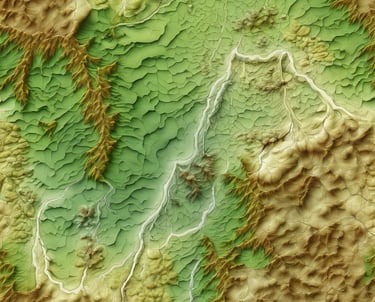 Hands are holding a topographic map and a compass. One hand is pointing at a specific location on the map, indicating navigation or orientation. The map is detailed with green shades, representing terrain or elevation.