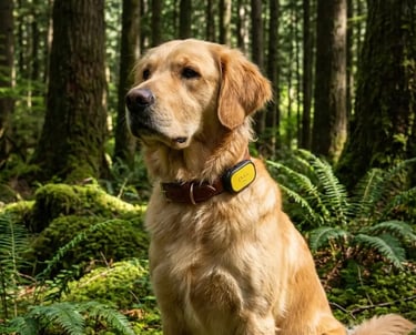 Dog wearing GPS tracker in forest