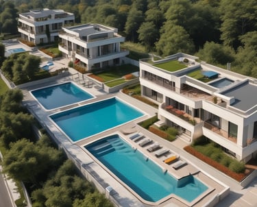 An elegant villa with a red-tiled roof is surrounded by manicured gardens featuring symmetrical paths and various plant life. The villa is positioned against a backdrop of lush greenery and a coastal cityscape, with a view of the calm blue sea.