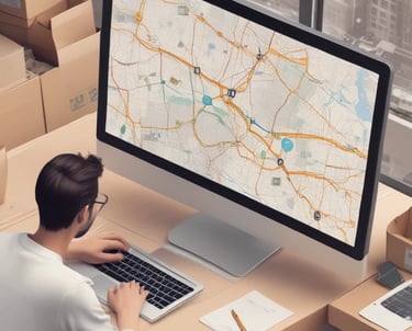 A logistics control room with multiple screens showing real-time vehicle tracking maps.