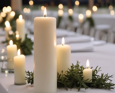 Group of tall white pillar candles for a minimalist event centerpiece