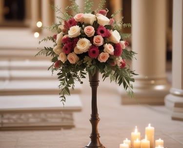 Hand-poured oversized pillar candle centerpiece in elegant floral arrangement.