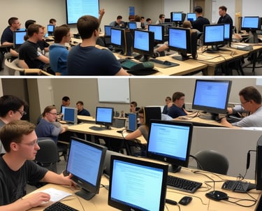 A black and white photograph of a classroom where multiple students are sitting at desks with computers. A person is interacting with the students, possibly teaching or assisting them. Large windows line the wall in the background, allowing natural light to illuminate the room.