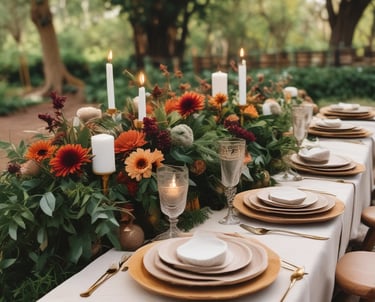 Cozy event space with warm-toned decorations and elegant table settings.