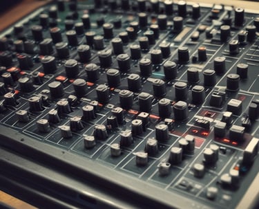 A black and white photograph of a person working in a music studio. The individual is seated, using a music production device with a mixing console and synthesizers visible in the background. The lighting is low, creating a moody atmosphere.