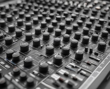 A person with long hair wearing headphones appears to be focused on an audio mixing or DJing task. They are reaching towards numerous rectangular objects, possibly sound equipment, which are out of focus in the foreground. The setting seems to be indoors with a large, industrial-like wall in the background.