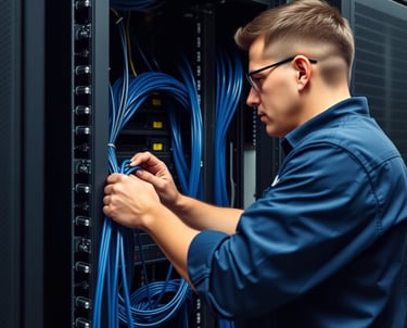 Technician installing structured cabling — TrinityLinc networking Ontario