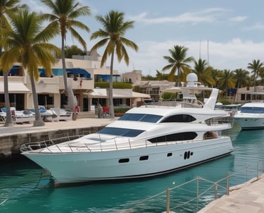 A sleek boat cruising on clear turquoise water under a sunny sky.