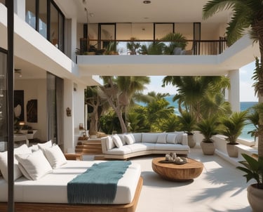 Modern riverfront homes with lush greenery and bright skies.