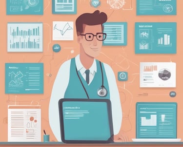 Infogram of a medical staff looking the screens with dashboards on a computer