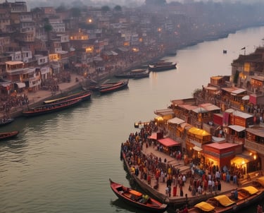 A serene scene of the Ganges River during sunrise.