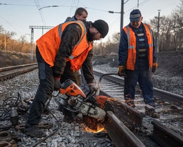 a man in a safety vest is cutting rail with ts800 cutting machine