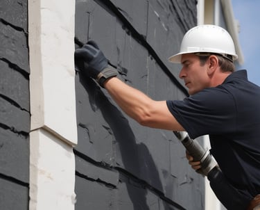 A person wearing a bandana and a blue and orange shirt is working on a brick wall, carefully placing a brick into place. The wall shows signs of cement application, and there is construction material scattered around. A building and a water tank are visible in the background.