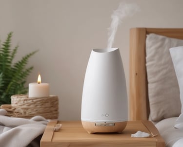 Non-toxic aromatherapy in a bedroom using an essential oil diffuser and soy candle