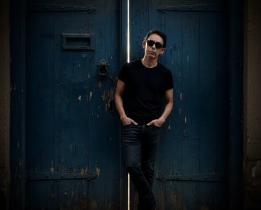 a man standing in front of a blue door