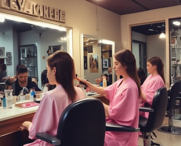 A stylist applying hair color to a client's hair in a bright salon.