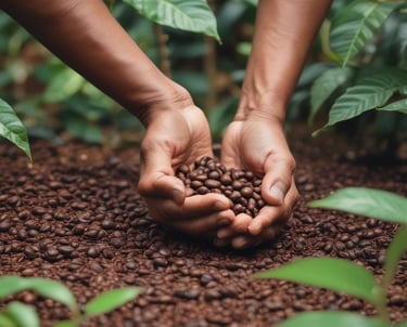 Close-up of hands planting young coffee seedlings in rich soil on a farm.