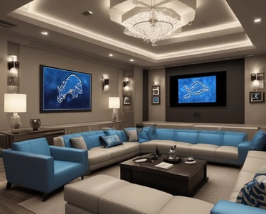 A modern home theater room with plush seating and ambient lighting.