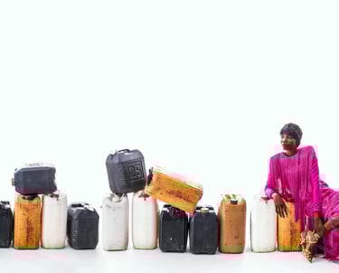 a woman in a pink dress sitting on a fuel keg at the end of a line of plastic fuel kegs