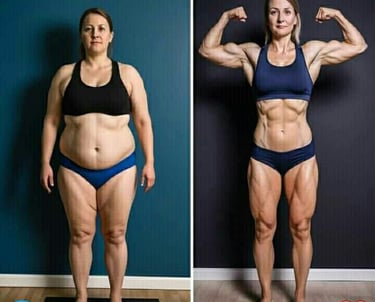 Foto de antes e depois destacando hábitos saudáveis ​​e rotina de exercícios para emagrecer.