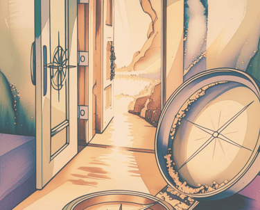 A compass in front of a big door
