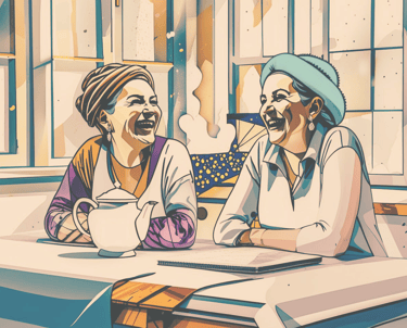 Two women drinking tea and laughing