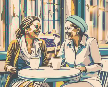 Two women sat drinking coffee together