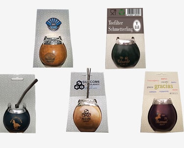 Variety of mates that include a bombilla, personalized with laser and presentation