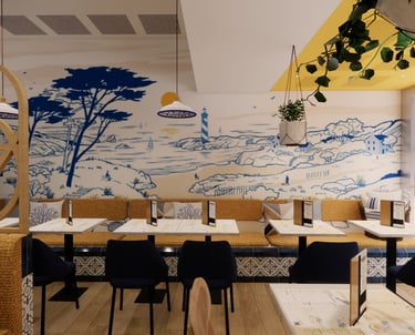 architecture commerciale, restaurant, crêperie, Bretagne, mamy, marque, fresque, bleu, jaune, bois