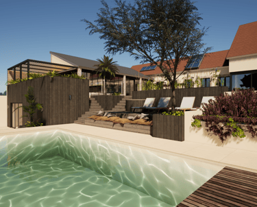 Piscine, terrasse, pool house, pergola, aménagement extérieur et paysager