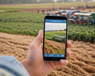 A vintage red tractor with the label 'International Farmall 140' displayed prominently. The machinery is detailed, with visible red metal components and various mechanical parts. It is situated on a patch of green grass, with a rural road and fields in the background.