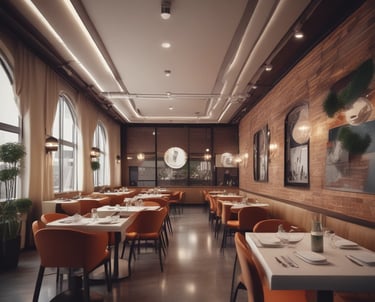 A richly decorated interior featuring intricate architectural details and ornate patterns on the walls and ceiling. The space is lined with glass partitions, allowing natural light to filter through large arched windows at the far end. The design features geometric and floral motifs with a warm, earthy color palette.