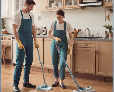 A group of people inside a room engage in cleaning or maintenance activities. One person sweeps the floor with a broom while others stand and observe, smiling or gesturing. The room has wooden structures and a child rests on a bed nearby.